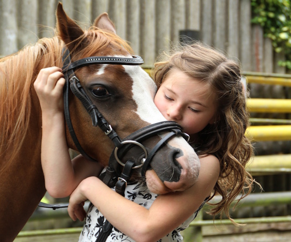 Pferd und Kind Arm in Arm