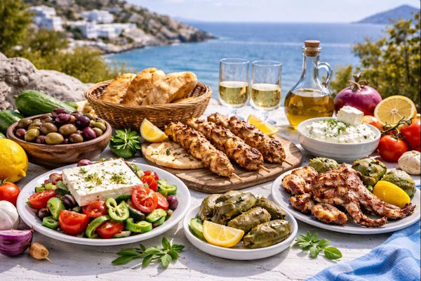 Verschiedene Lebensmittel als Mahl am Strand