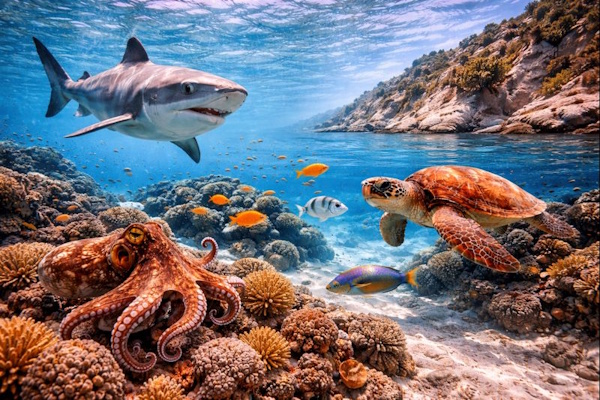 Verschiedene Tiere im Meer um Rhodos